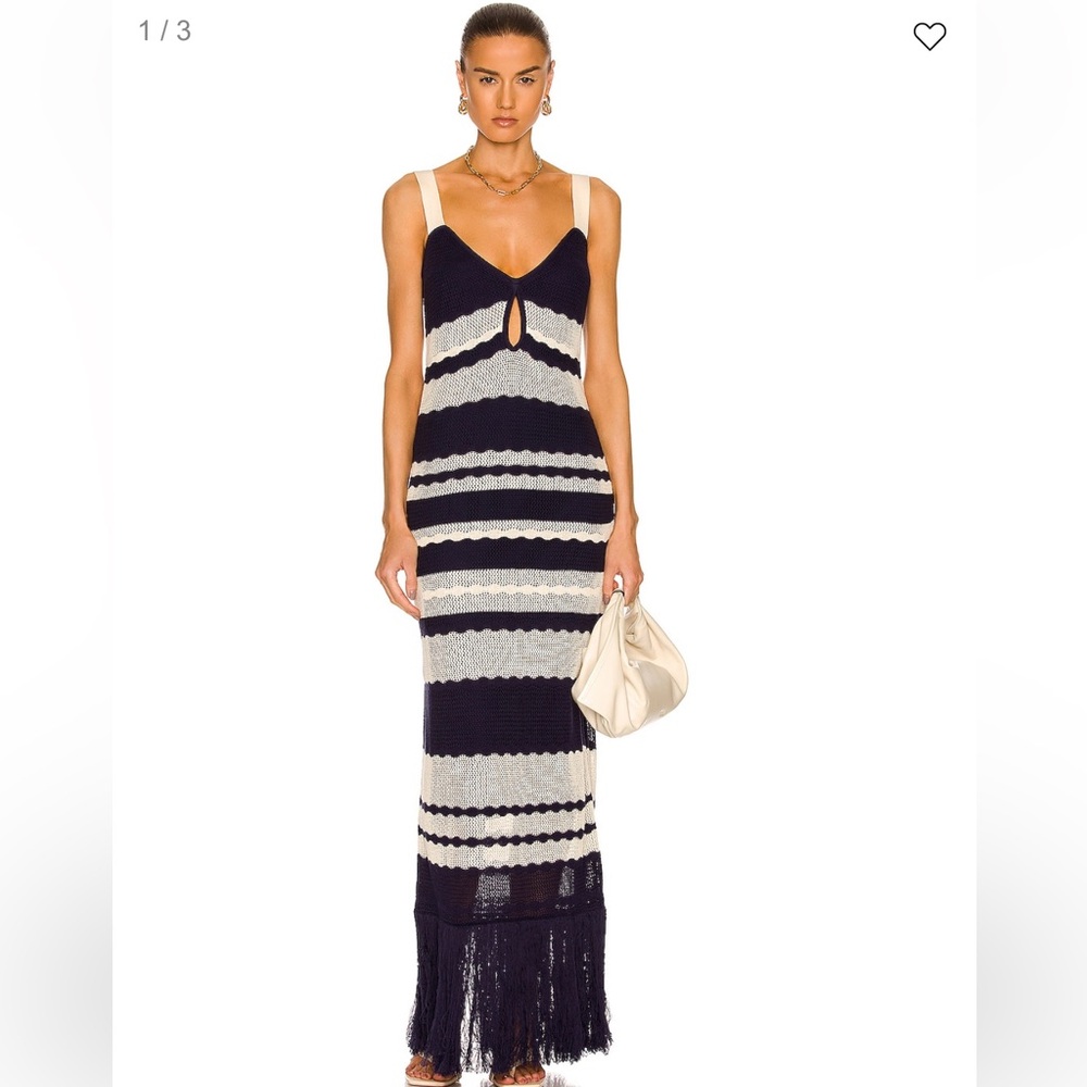 Johanna Ortiz Picnic On The Riveria Midi Dress in Midnight Blue & Ecru